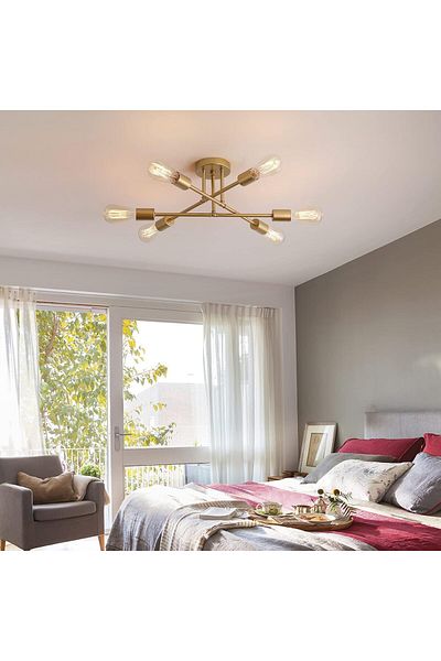 A F N LIGHTING Gold Modern Sputnik Chandelier 6-Light Semi Flush Mount Ceiling Fixture for Bedroom