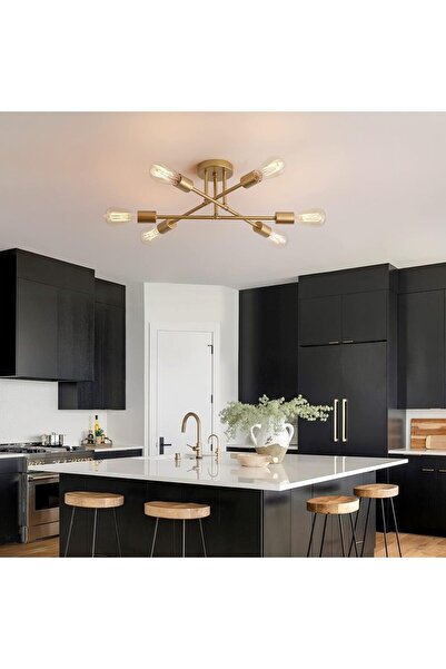 A F N LIGHTING Gold Modern Sputnik Chandelier 6-Light Semi Flush Mount Ceiling Fixture for Bedroom