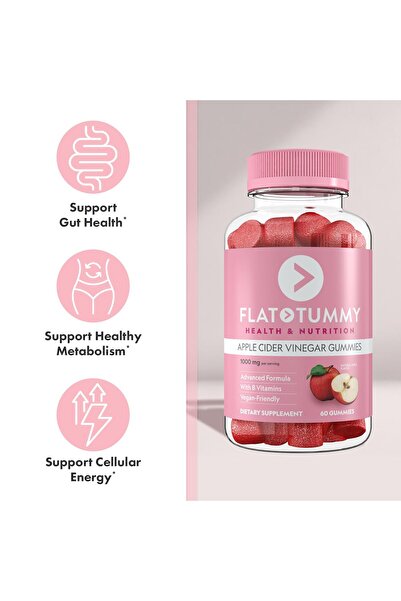 Flat Tummy Apple Cider Vinegar Gummies 60ct - ACV, Detox, Gut Health, Vegan, Non-GMO, Vitamins B6, B9, B12