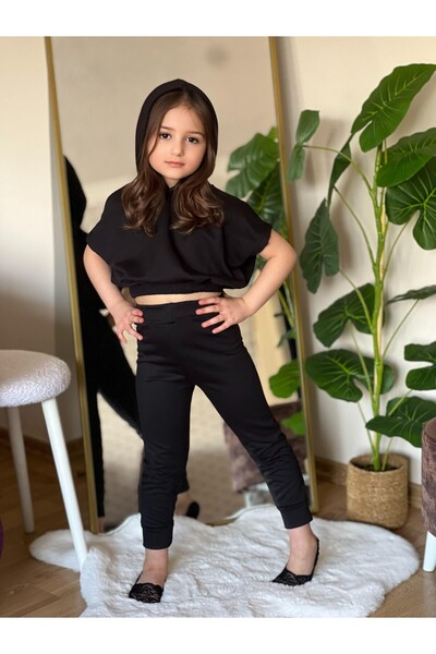 renkli diyar Girls' Bottom Top Set Short Sleeve Hooded Waist Elasticated and Trousers