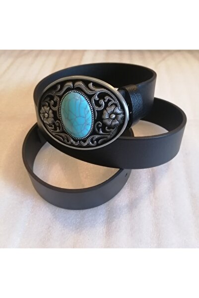Butik Tülin حزام رعاة البقر من حجر الفيروز الكبير باللون الأسود والفضي والزهو...