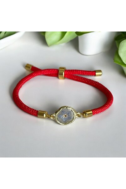 maycollection Gold Çerçeve Gerçek Beni Unutma Çiçeği Ayarlanabilir Kırmızı Kordon İp Tasarım Bileklik