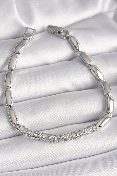 Mu Art Ahşap Brass Silver Color Zircon Stone Barley Chain Model Women's Bracelet