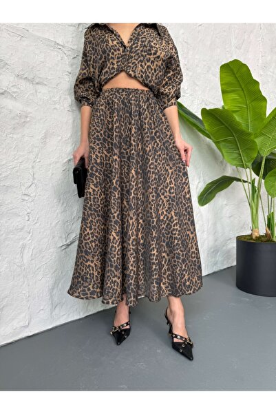 Elif Özbey Butik Leopard Pattern Long Skirt