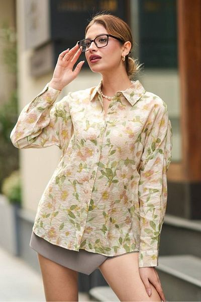 Hisleria Cămașă oversize cu model de flori - frunză verde