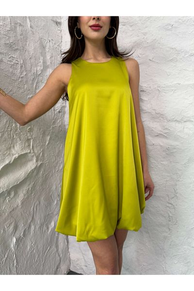 Elif Özbey Butik Olive Satin Dress with Balloon Hem