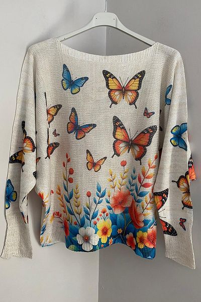 AYASOFYA OTANTIK Women's Italian White Glitter Flying Butterflies Patterned Bat Sleeve Mercerized Blouse Sweater