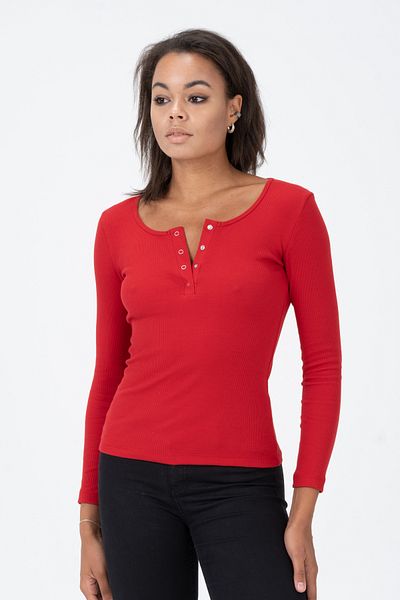 PUNKY CAT Women's Red Snap Fastener Long Sleeve Ribbed Blouse