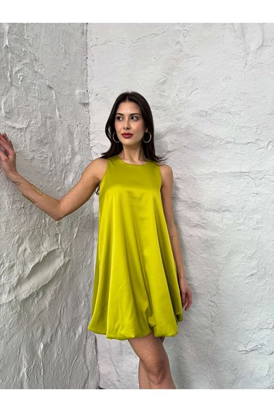 Elif Özbey Butik Olive Satin Dress with Balloon Hem