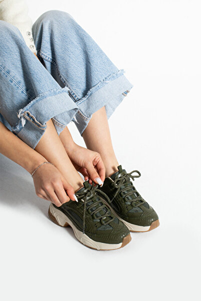 Getcho Dennise Kadın Kalın Taban Haki Spor Ayakkabı Rahat Günlük Yürüyüş Sneaker Bağcıklı Model