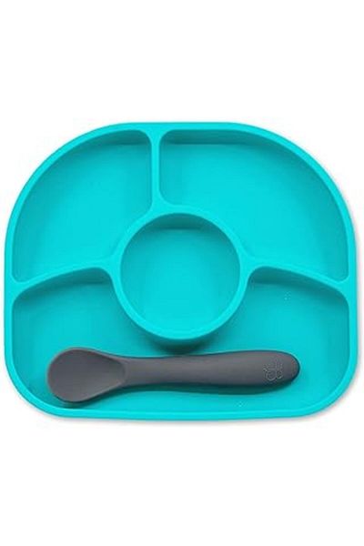 Mu Art Ahşap Bblüv Yummi Silicone 4 Compartment Food Plate Blue, Bpa, Phthalate and Pvc Free, Antibacterial, Microwave