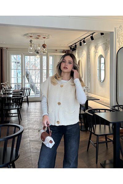 B2K FASHION Women's Sausage Collar Pocket Detailed Gold Buttoned Sweater Vest