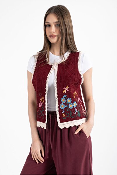 Hatun Atila Women's Burgundy Crew Neck Lace up Embroidered Süzene Embroidery Vest
