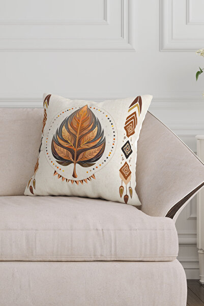 Sakallı Ethnic Bohemian Leaf Pattern Beige Recommend 6 Window Pillow Cushion Cover Set 32X52