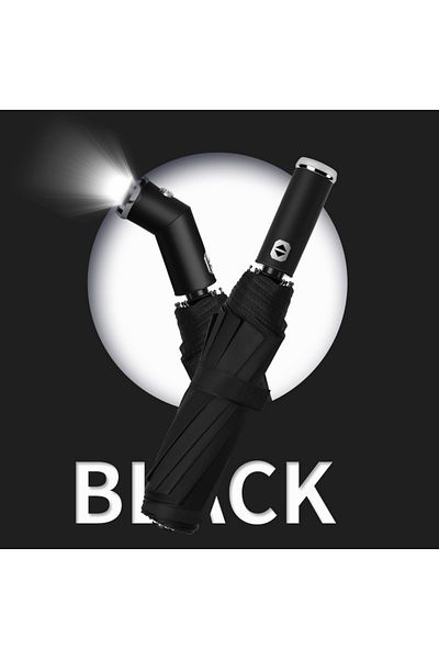 Choice Obsidian black 10 bone fully automatic three fold umbrella, rotatable LED flashlight, business wind