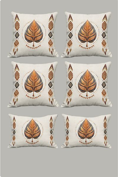 Sakallı Ethnic Bohemian Leaf Pattern Beige Recommend 6 Window Pillow Cushion Cover Set 32X52