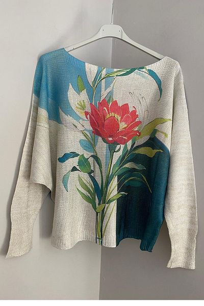 AYASOFYA OTANTIK Women's Italian White Glittery Snowdrop Patterned Bat Sleeve Mercerized Blouse Sweater