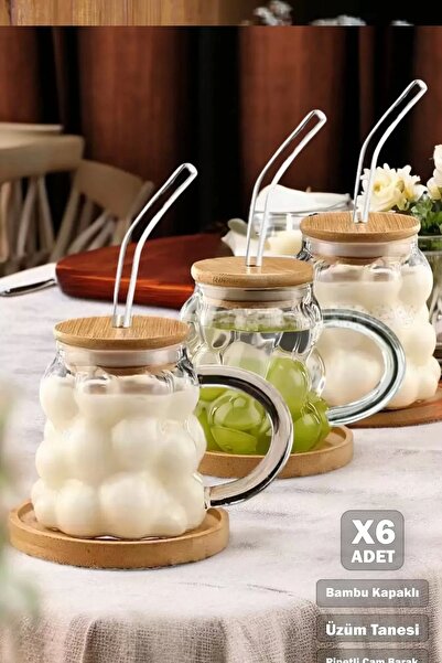 Rosemor 6'lı Bambu Kapaklı Üzüm Tanesi Boncuk Bardak 350 ml Isıya Dayanıklı C...