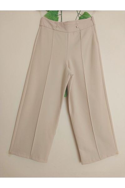 Dagü Design Women's High Waist Ribbed Wide Leg Beige Trousers