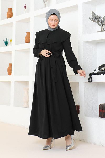 BURCU TESETTÜR Φόρεμα Hijab - Με γιακά Cape και λεπτομέρεια φύλλου, BRC1125 Μαύρο