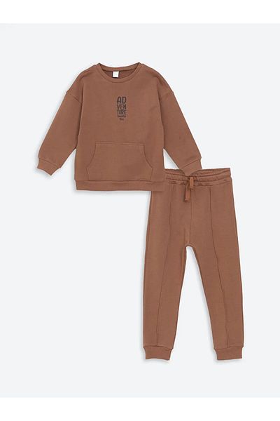 LC Waikiki Lcw Baby Brown Crew Neck Long Sleeve Printed Baby Boy 2-Piece Set