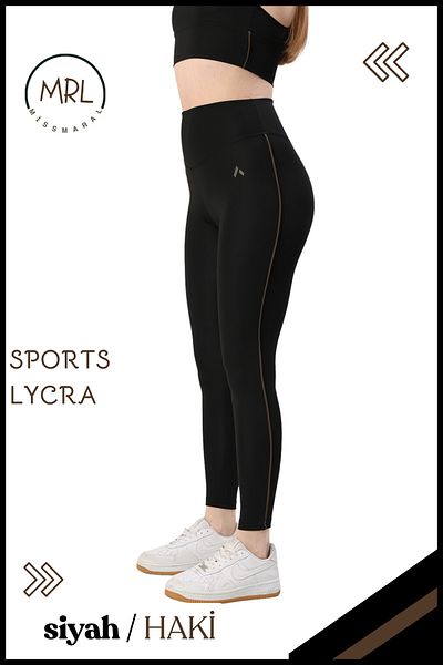 missmaral Women's High Waist Recovery Sports Tights Black / Khaki Stripe Detailed Lycra Diver 1041