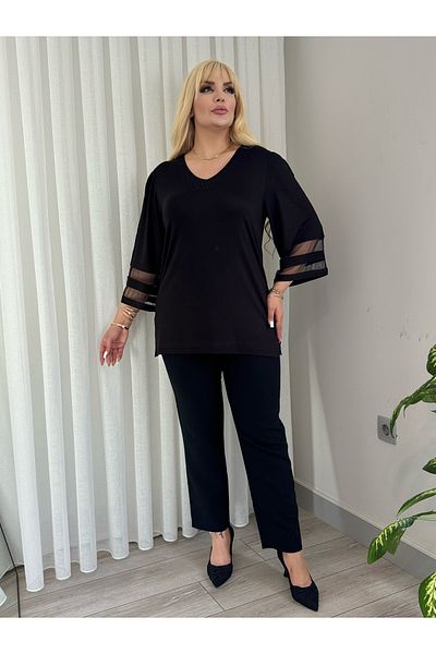 MODA Women's Plus Size Stone Collar Sleeves Tulle Viscos Tunic
