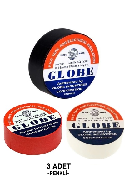 Vwin Pvc Elektik İzole Bant Globe "0,13x0,19x10yards" 3 Adet Renkli (Siyah-Be...