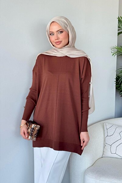 HAZA MODA Düğmeli Merserize Tunik Acıkahve