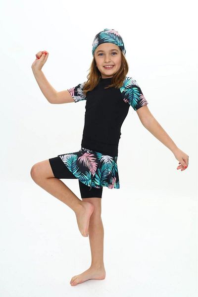PODIUM GYM New Season Lycra Scuba Fabric Three Pieces Girl's Boned -Bottom Skirt Tights Uv Protected Swimwear Set