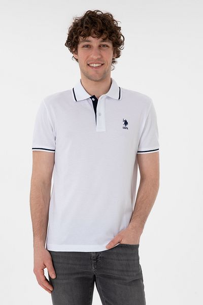 U.S. Polo Assn. تي شيرت رجالي ذو قصة ضيقة وياقة بولو باللون الأبيض 50305980 -vr013
