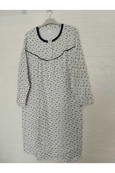 anne moda ankara Winter Oversize Cotton Mother's Nightgown - Raster, 3 Buttons, Plus Size