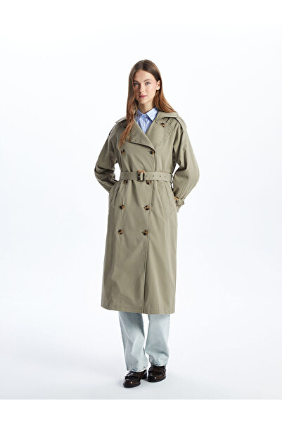 LC Waikiki Khaki Jacket Collar Oversize Women's Trench Coat