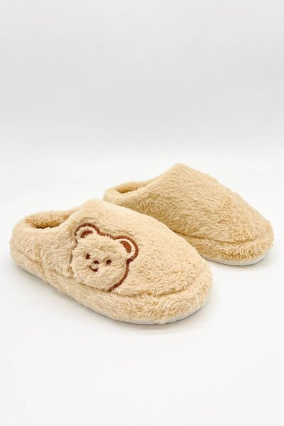 İKLİM LİFE Teddy Bear Printed Plush Women's House Slippers
