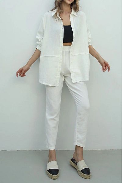 Suzi butik Women's 100% Linen Linen Shirt and Pantalon Set 0009