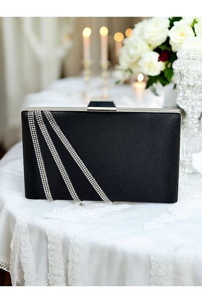 Wedding Fashion Elegantă și atrăgătoare Geantă de rochie de seară din satin negru argintiu cu pietre de logodnă de nuntă