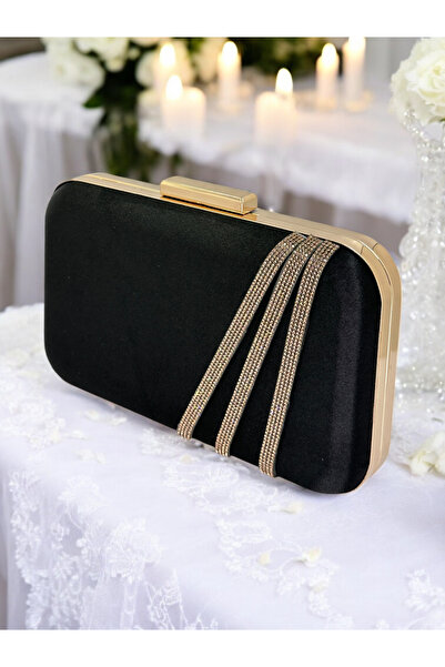 Wedding Fashion Μαύρο Χρώμα Σατέν Rosegold Stone Βραδινό Τσάντα Βραδινή Τσάντ...