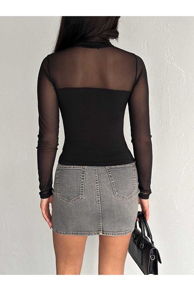 Butik Bluză cu răsucire, elegantă, confortabilă, cu garnitură din tul, neagră, pentru femei Merrline