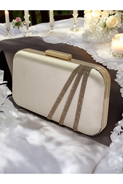 MidStore Geantă elegantă din satin de culoarea pielii, rose gold, cu pietre -...