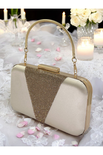 MidStore Geantă elegantă din satin de culoarea pielii, rose gold, cu pietre -...