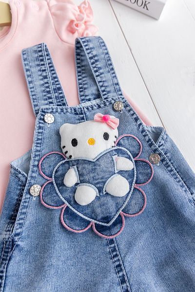 Babymod Toy Cat Heart Patterned Denim Summer Baby Girl Jeans Salopet Jumpsuit Set
