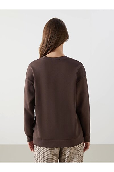 LC Waikiki LCW Modest Kahverengi Bisiklet Yaka Baskılı Oversize Kadın Kalın Sweatshirt Tunik