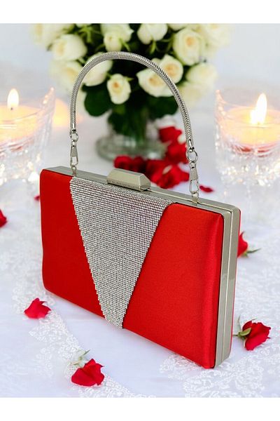 Ahenk Design Red Satin Silver Stone Metal Handle Evening Dress Bag Evening Bag Engagement Wedding Bag