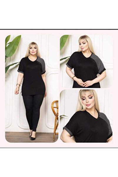 Çağlam moda çizgi detaylı kadın büyük beden tshirt