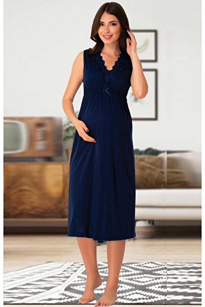 Effortt ثوب نوم للحوامل برقبة دانتيل باللون الأزرق الداكن للنساء 8033