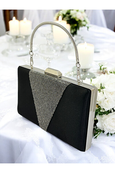 MidStore Geantă de seară din satin negru, decorată cu pietre platinate și mân...