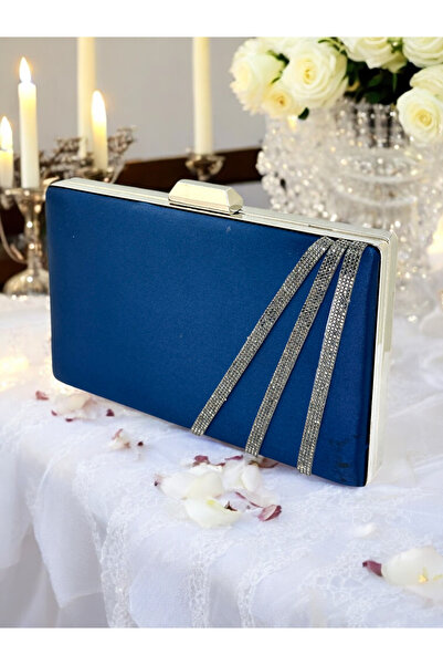 Generic Brand Navy Blue Color Satin Crossed Crystal Stone Women's Evening Dre...