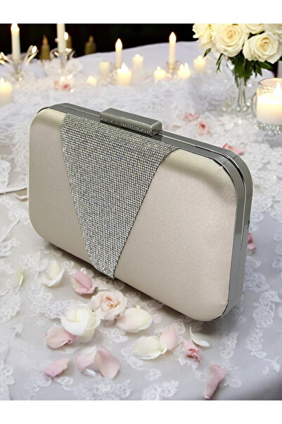 Generic Brand Ten Silver Stone Satin Evening Dress Bag with Chain Strap Elega...