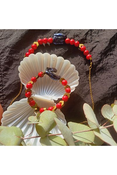 arzela Natural Stone Coral Baroque Pearl Necklace and Bracelet Set Steel