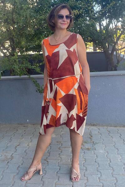 Mia Butik Plus Size Straps Coffee-Orange-Cream Geometric Print Dress